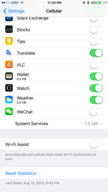 The "Wi-Fi Assist" switch, hidden below per-app settings.